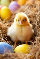 AI generated A fluffy yellow chick sitting among colorful eggs in a bed of straw. photo