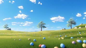 ai generado un herboso prado con un claro azul cielo y Pascua de Resurrección huevos dispersado a lo largo de. foto