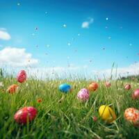 AI generated A grassy meadow with a clear blue sky and Easter eggs scattered throughout. photo