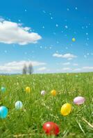 AI generated A grassy meadow with a clear blue sky and Easter eggs scattered throughout. photo