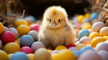 AI generated A fluffy yellow chick sitting among colorful eggs in a bed of straw. photo