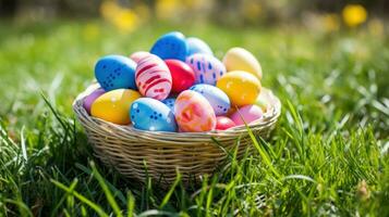 AI generated A close-up of a basket filled with vibrant Easter eggs in a grassy setting. photo