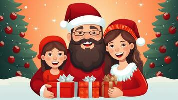 AI generated Happy family in Santa hats with gifts and decorations photo