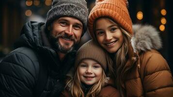 ai generado contento familia en Papa Noel sombreros con regalos y decoraciones foto