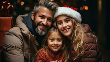 AI generated Happy family in Santa hats with gifts and decorations photo