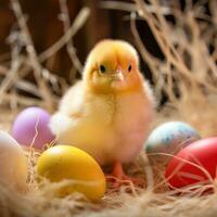 AI generated A fluffy yellow chick sitting among colorful eggs in a bed of straw. photo