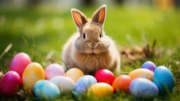 AI generated A cute bunny surrounded by colorful eggs and sitting in a grassy field photo