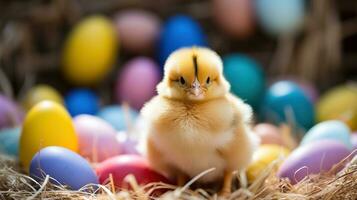 AI generated A fluffy yellow chick sitting among colorful eggs in a bed of straw. photo