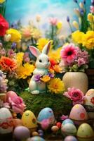 AI generated A cute bunny surrounded by colorful eggs and sitting in a grassy field photo