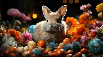 AI generated A cute bunny surrounded by colorful eggs and sitting in a grassy field photo