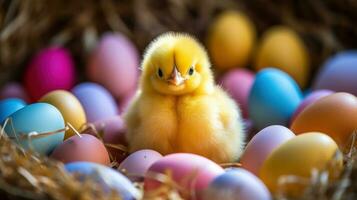 AI generated A fluffy yellow chick sitting among colorful eggs in a bed of straw. photo