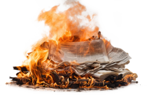 AI generated Burning newspaper with flame. Concept of propaganda and fake news png