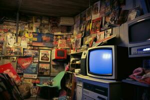 ai generado retro interior de vivo habitación con televisión foto