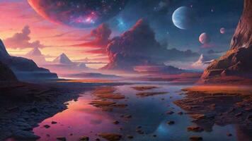 AI generated Fantasy alien planet. Mountain and lake. imagination illustration. photo