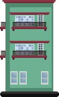 Cartoon green building with red roof and two floors vector illustartion on white background