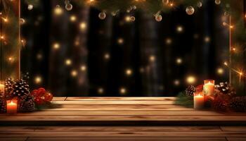 AI generated christmas table backgrounds with lights and trees, photo