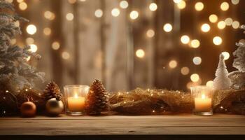 AI generated christmas table backgrounds with lights and trees, photo