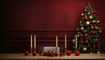 AI generated christmas background with tree at table, photo