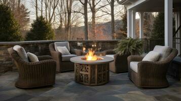 AI generated An outdoor patio with a fire pit and comfortable seating, photo