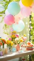 AI generated Blooming flowers and colorful balloons set the perfect backdrop photo