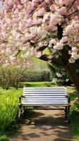 AI generated An inviting spring garden with a wooden bench and a blooming tree in the background, photo