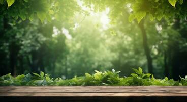 AI generated an outdoor picnic table with green leaf background, photo