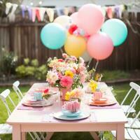 ai generado floreciente flores y vistoso globos conjunto el Perfecto fondo foto