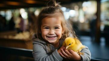 AI generated A young girl beams with pride as she carefully balances a small and wobbly duckling in her palm photo