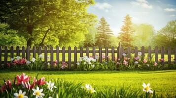 ai generado un idílico primavera jardín escena con un de madera cerca y verde césped, foto