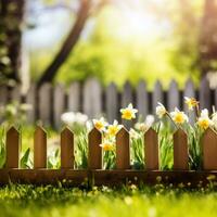 AI generated An idyllic spring garden scene with a wooden fence and green grass, photo
