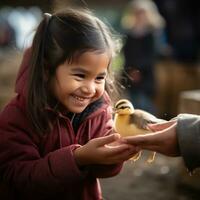 AI generated A young girl beams with pride as she carefully balances a small and wobbly duckling in her palm photo