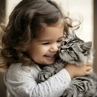 ai generado un adorable niñito risitas con deleite como ella acurrucarse un borroso pequeño gatito en su brazos. foto