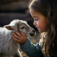 AI generated A young girl looks on in wonder as a baby goat nuzzles affectionately against her hand photo