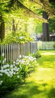 AI generated An idyllic spring garden scene with a wooden fence and green grass, photo