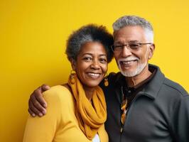 AI generated an older couple posing in front of a yellow background, photo