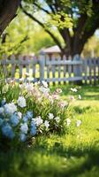 ai generado un idílico primavera jardín escena con un de madera cerca y verde césped, foto