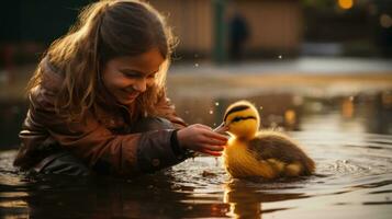 AI generated A young girl beams with pride as she carefully balances a small and wobbly duckling in her palm photo