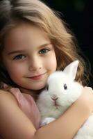 AI generated A young girl gently cradles a fluffy white bunny, both with peaceful expressions on their faces. photo