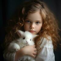 AI generated A young girl gently cradles a fluffy white bunny, both with peaceful expressions on their faces. photo