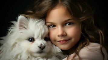 AI generated A young girl gently cradles a fluffy white bunny, both with peaceful expressions on their faces. photo