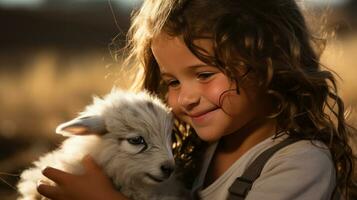 AI generated A young girl looks on in wonder as a baby goat nuzzles affectionately against her hand photo