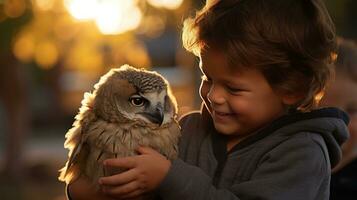 AI generated A young boy tenderly strokes the soft feathers of a baby owl perched on his arm. photo