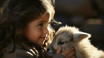 AI generated A young girl looks on in wonder as a baby goat nuzzles affectionately against her hand photo