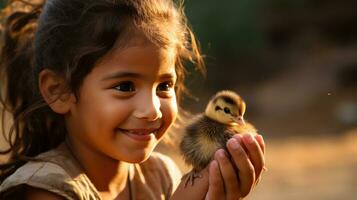 AI generated A young girl beams with pride as she carefully balances a small and wobbly duckling in her palm photo