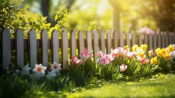 ai generado un idílico primavera jardín escena con un de madera cerca y verde césped, foto