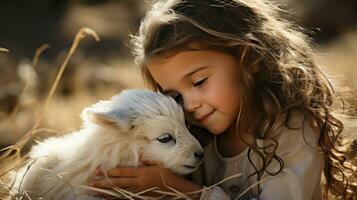 AI generated A young girl looks on in wonder as a baby goat nuzzles affectionately against her hand photo