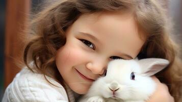 AI generated A young girl gently cradles a fluffy white bunny, both with peaceful expressions on their faces. photo