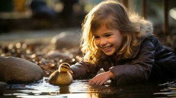 AI generated A young girl beams with pride as she carefully balances a small and wobbly duckling in her palm photo