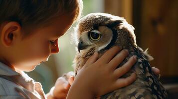 AI generated A young boy tenderly strokes the soft feathers of a baby owl perched on his arm. photo