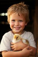 AI generated A young boy grins widely as he holds a tiny and curious baby chick in his hands. photo